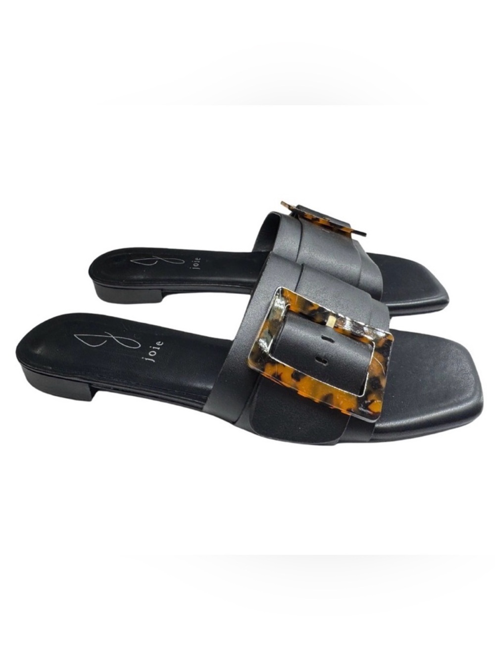 Joie Black Leather Slide Mules with Tortoiseshell Buckles